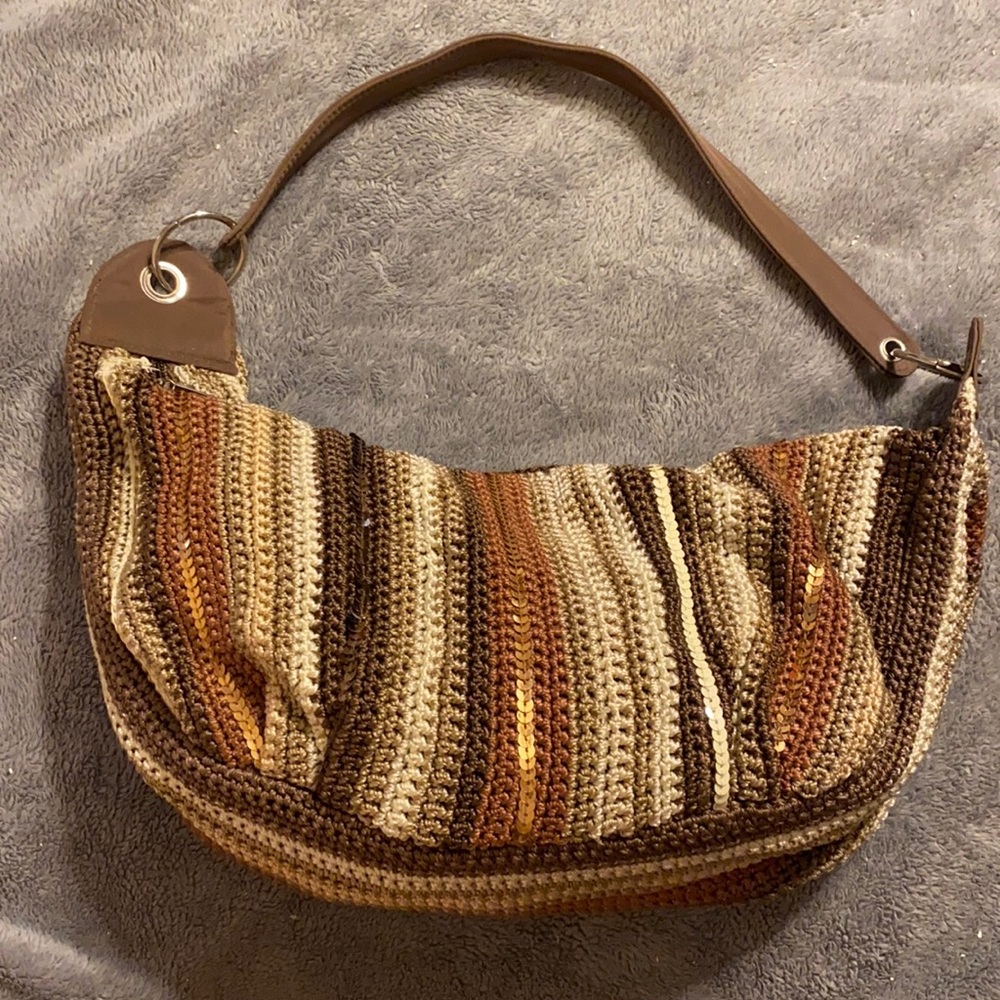 Brown tan and beige hobo bag with sequence.